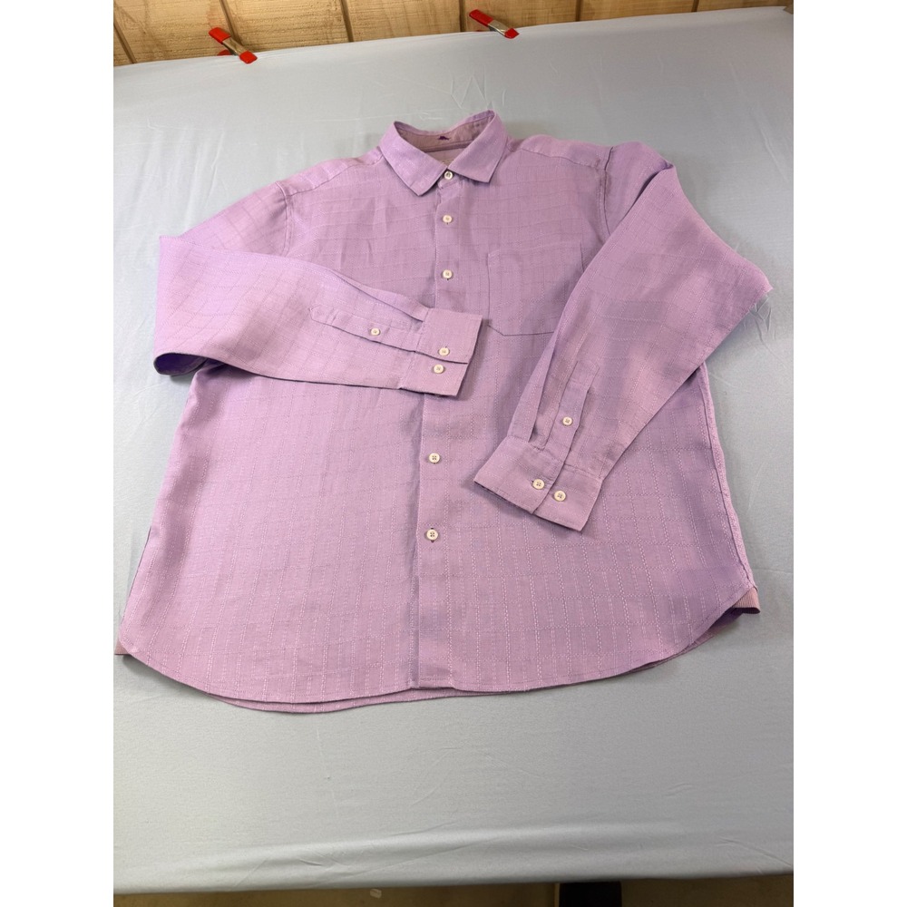 Tommy Bahama Mens Purple 100% Linen Grid Button Up Shirt Large Long Sleeve